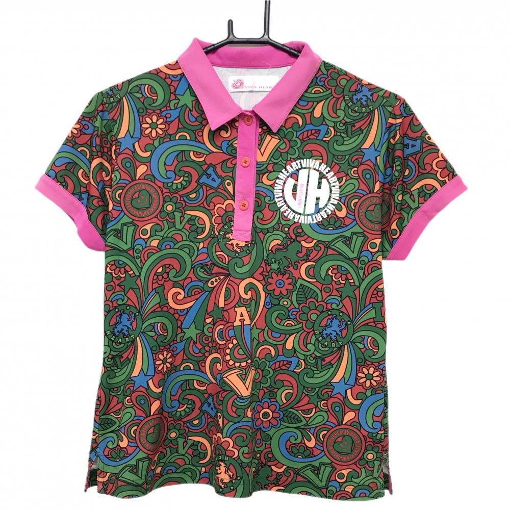 ビバハート 半袖ポロシャツ レッド×ピンク×グリーン 総柄 胸ロゴ レディース 42(L) ゴルフウェア VIVA HEART