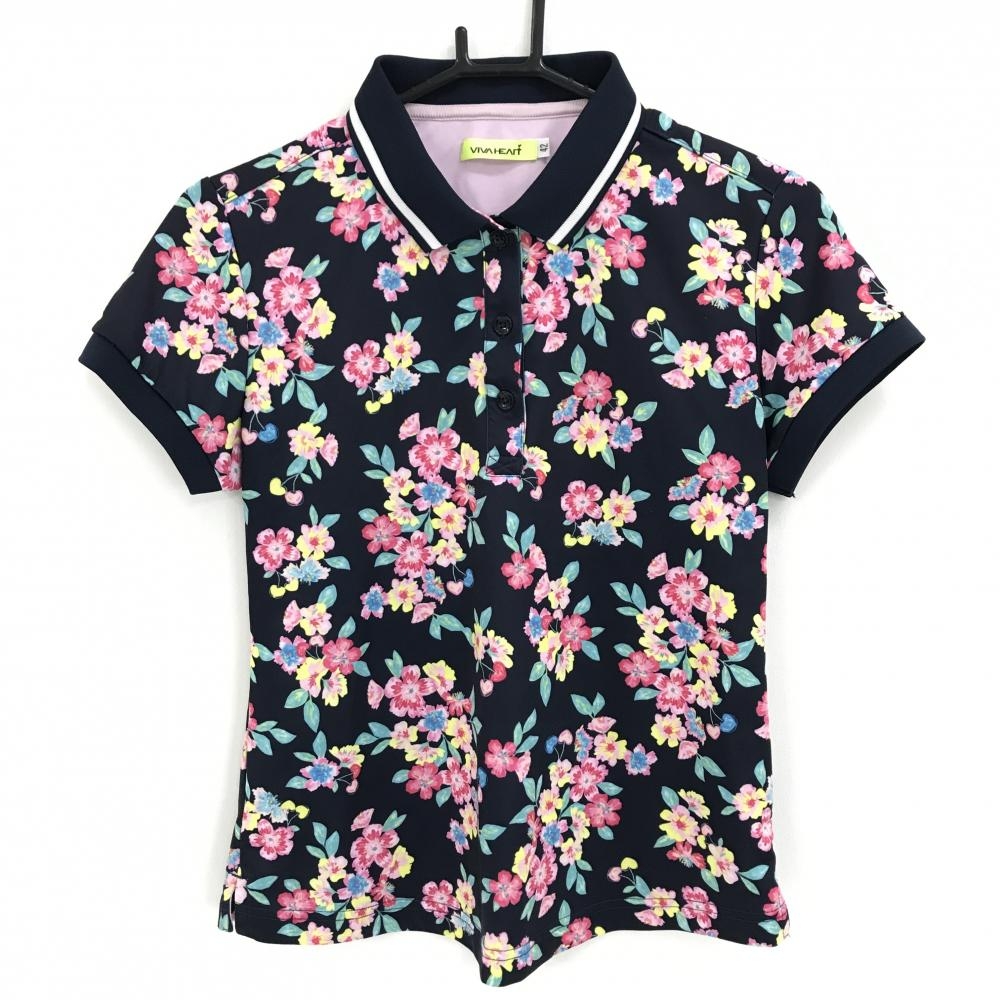 【美品】ビバハート 半袖ポロシャツ ネイビー×ピンク×グリーン系 花柄 レディース 42(L) ゴルフウェア VIVA HEART
