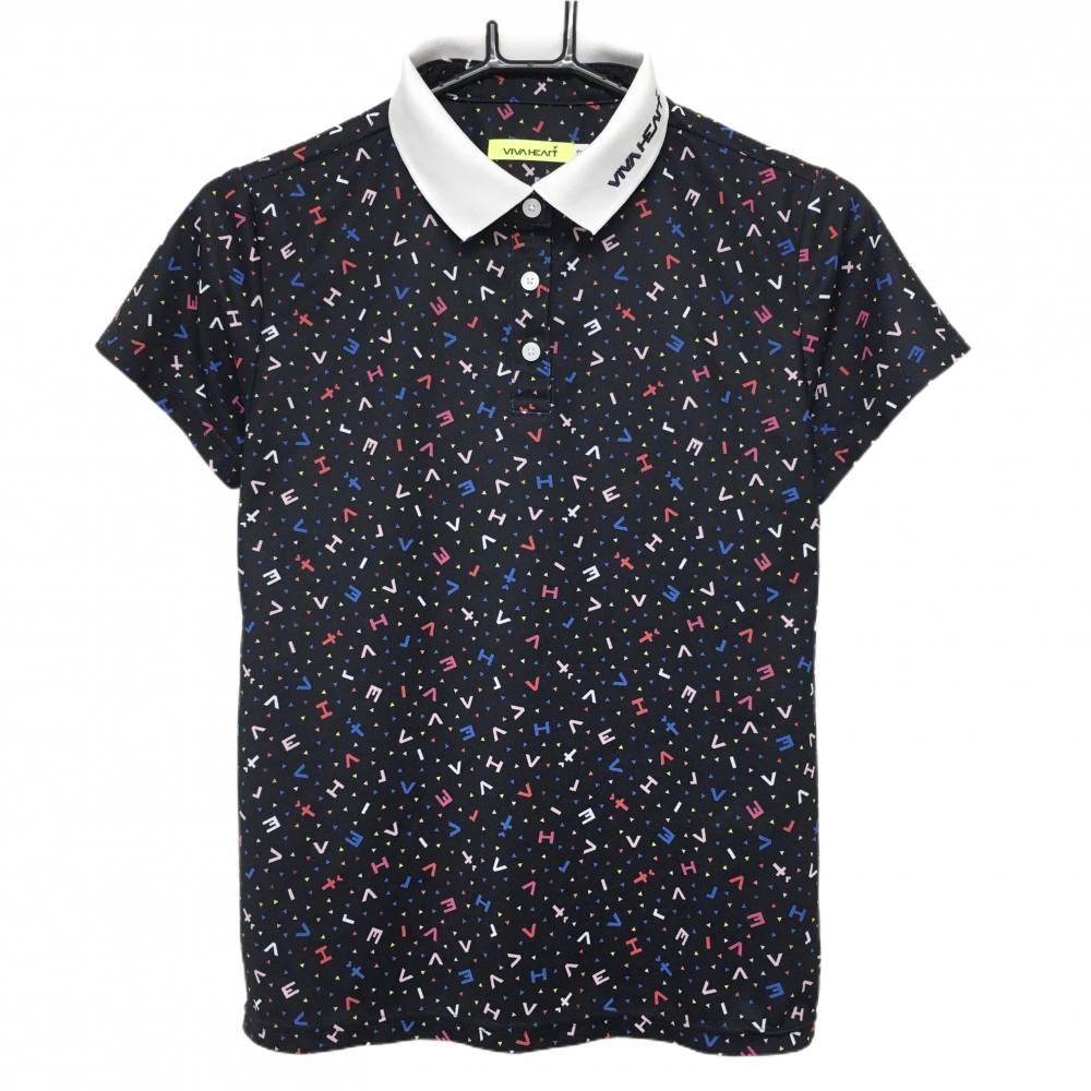【美品】ビバハート 半袖ポロシャツ ネイビー×マルチカラー ロゴ総柄 レディース 42(L) ゴルフウェア VIVA HEART