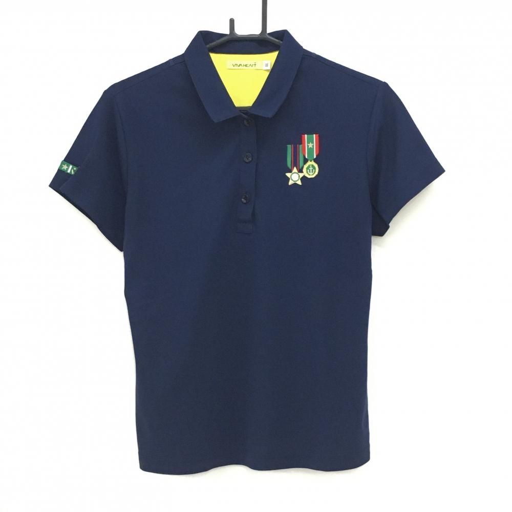 【美品】ビバハート 半袖ポロシャツ ネイビー×グリーン系 胸ロゴ刺しゅう レディース 44(XL) ゴルフウェア VIVA HEART