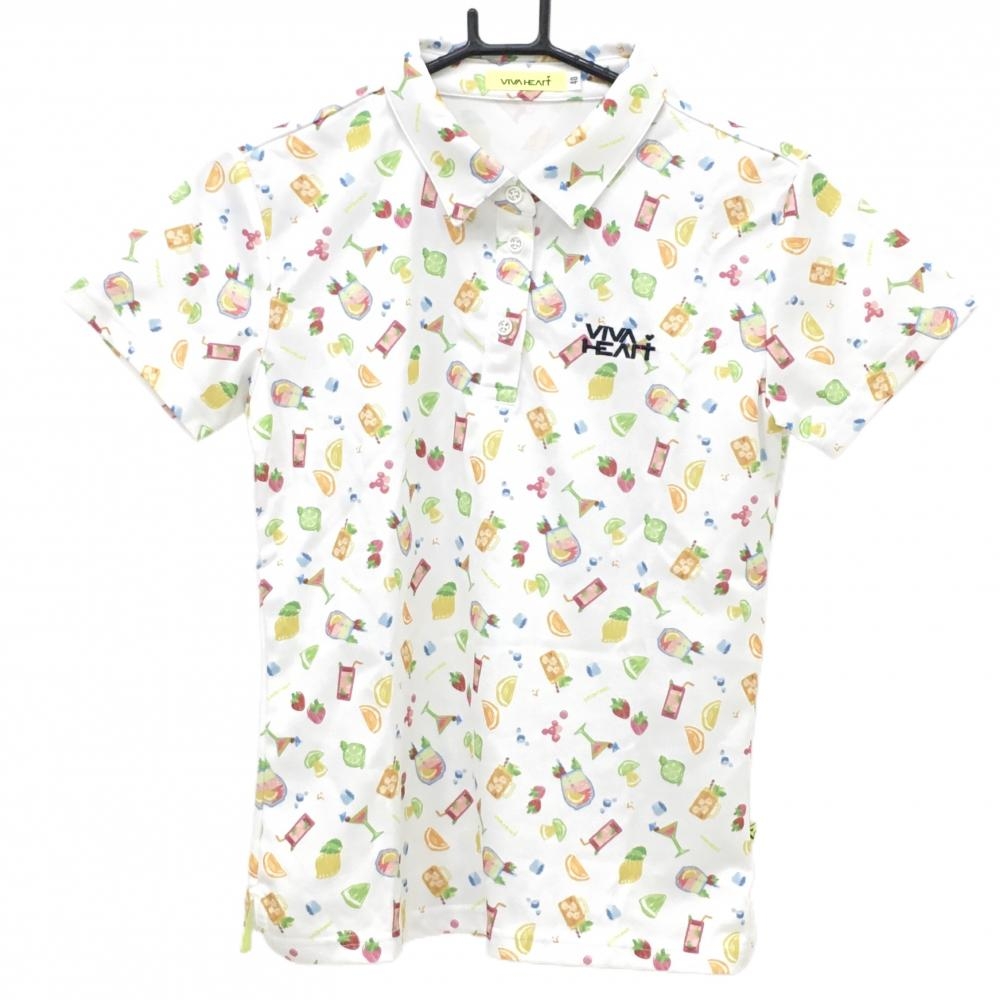 【超美品】ビバハート 半袖ポロシャツ 白×マルチカラー フルーツ・カクテルグラス総柄 ロゴ レディース 40(M) ゴルフウェア VIVA HEART