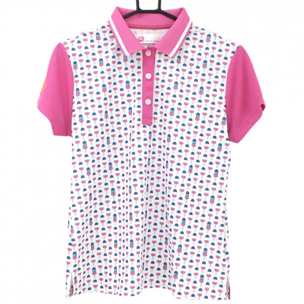 【超美品】ビバハート 半袖ポロシャツ 白×ピンク アイスキャンディー総柄 袖ロゴ レディース 42(L) ゴルフウェア VIVA HEART