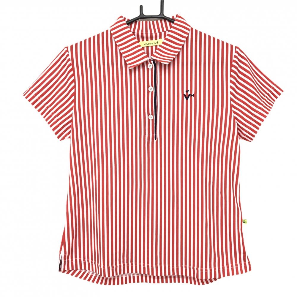 【美品】ビバハート 半袖ポロシャツ 白×レッド ストライプ ロゴ刺しゅう レディース 42(L) ゴルフウェア VIVA HEART