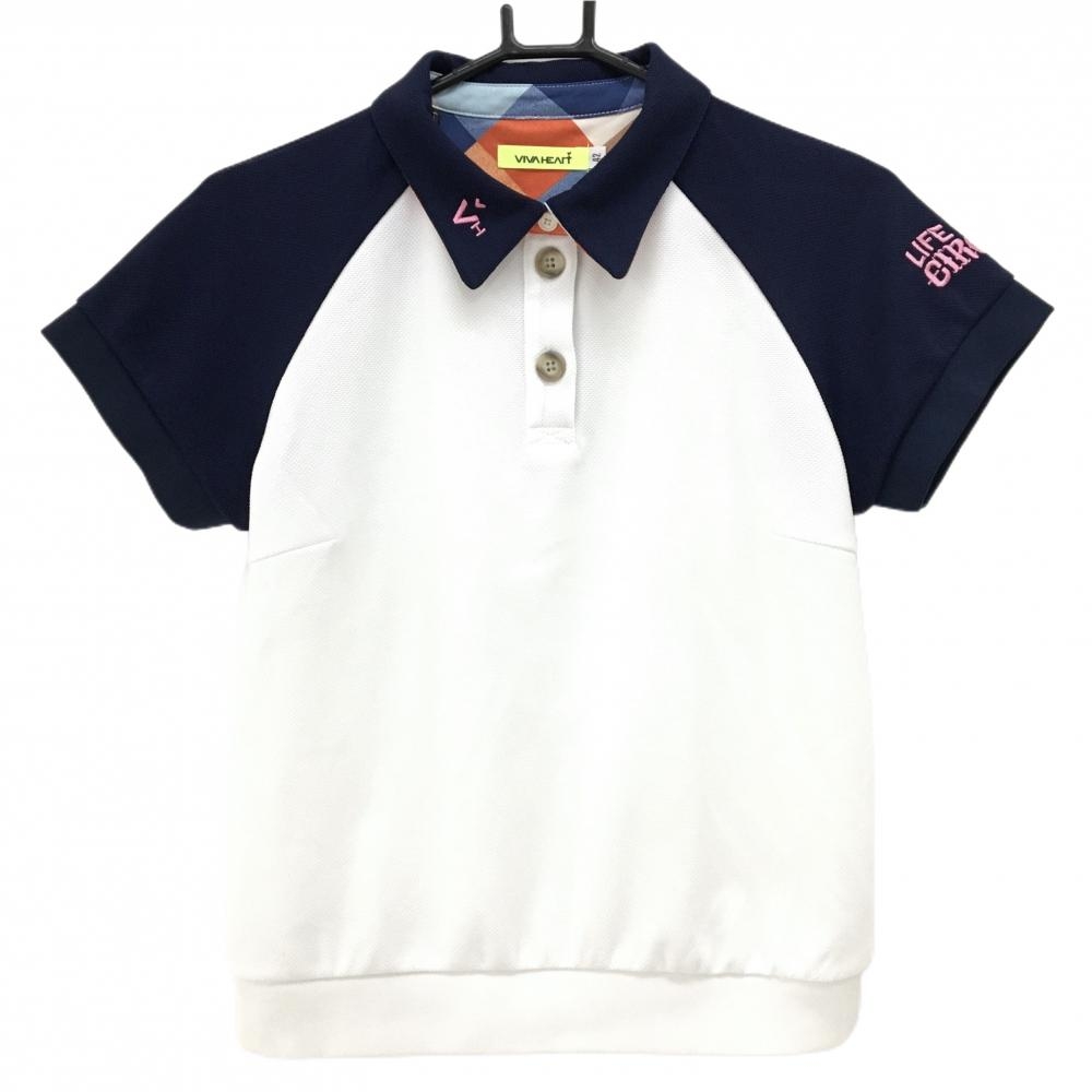 【美品】ビバハート 半袖ポロシャツ 白×ネイビー 袖刺しゅう  レディース 42(L) ゴルフウェア VIVA HEART