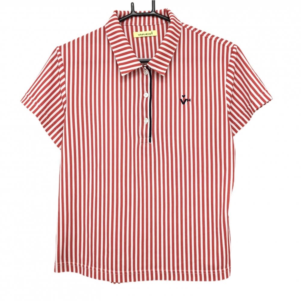 【美品】ビバハート 半袖ポロシャツ 白×レッド ストライプ ロゴ刺しゅう  レディース 44(XL) ゴルフウェア VIVA HEART