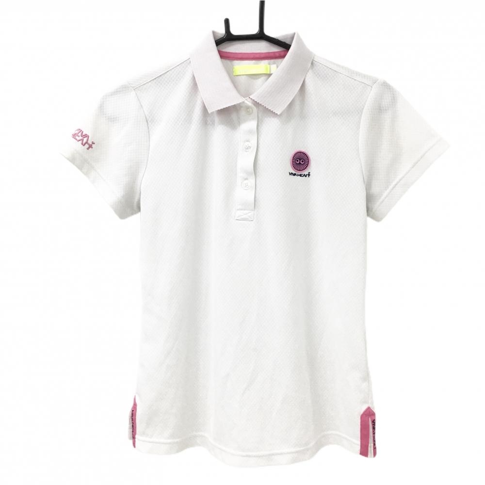 【美品】ビバハート 半袖ポロシャツ 白×ピンク ロゴ刺しゅう レディース 40(M) ゴルフウェア VIVA HEART