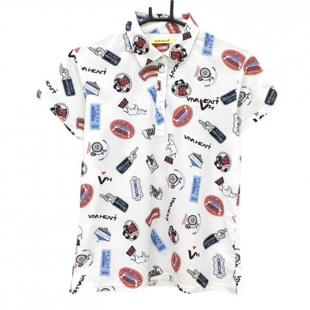 【美品】ビバハート 半袖ポロシャツ 白×レッド×ブルー 総柄  レディース 42(L) ゴルフウェア VIVA HEART