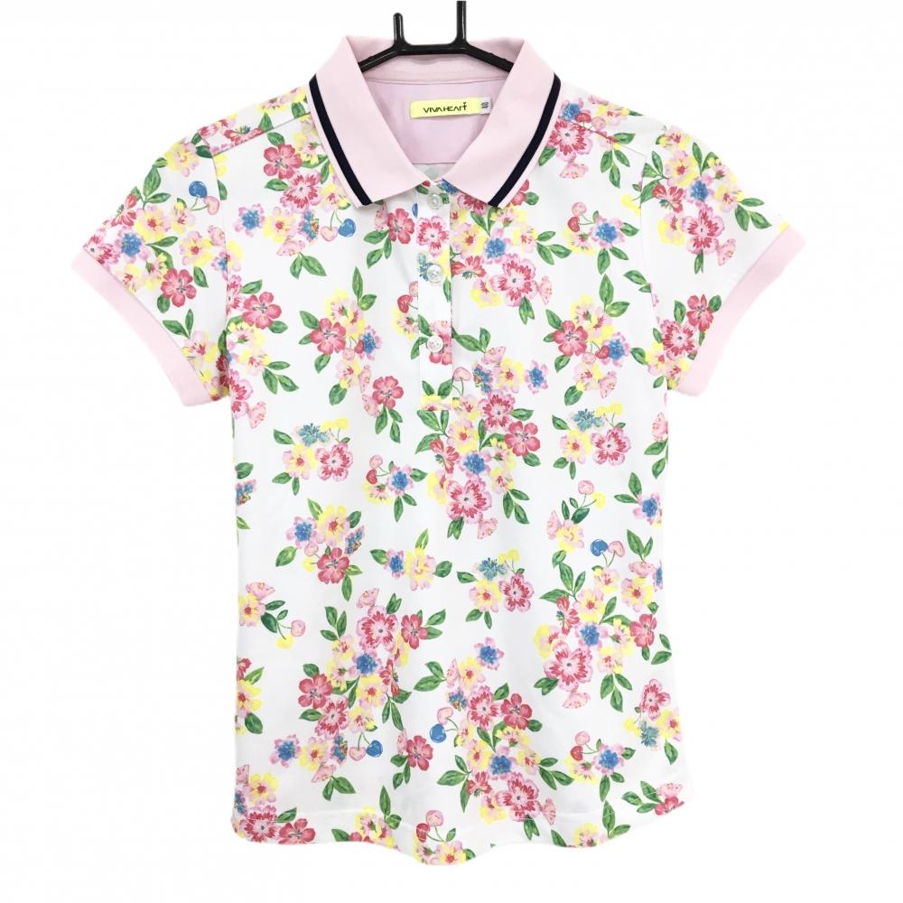 【超美品】ビバハート 半袖ポロシャツ 白×ピンク系×グリーン系 総柄 花  レディース 40(M) ゴルフウェア VIVA HEART
