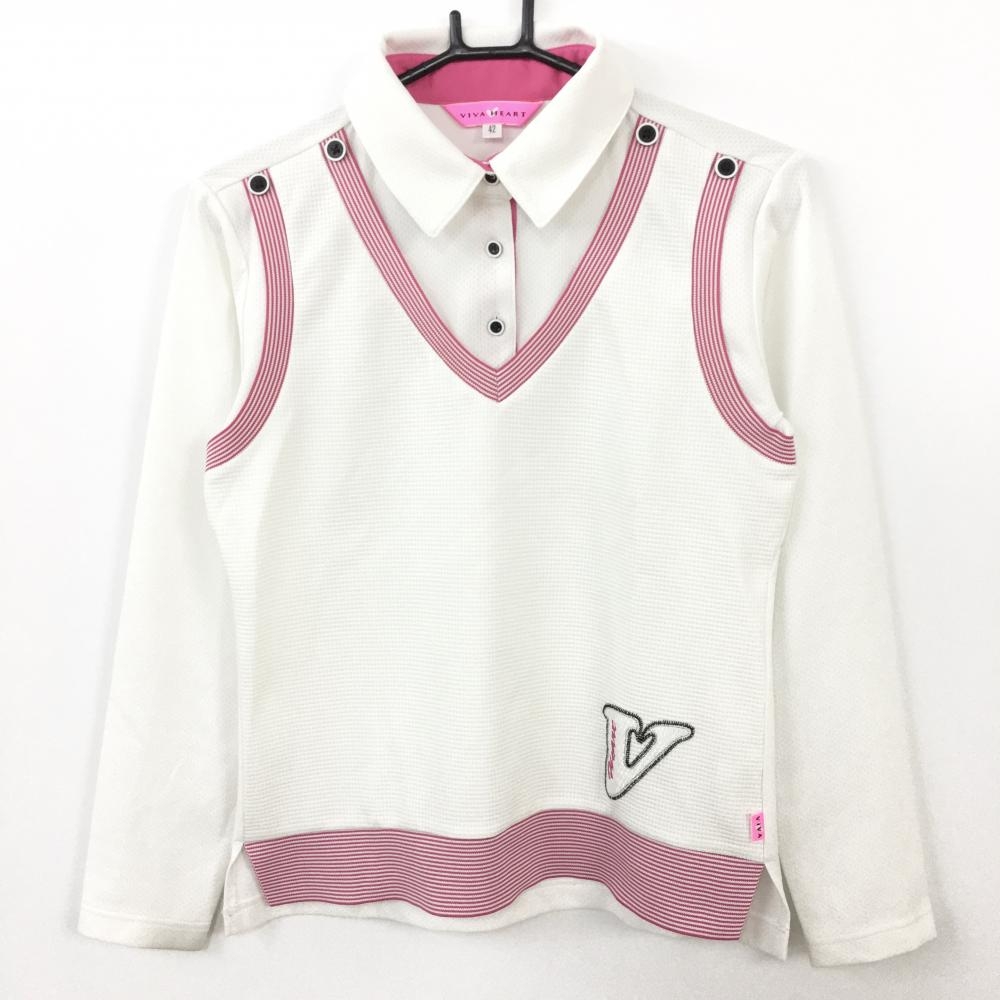VIVA HEART ビバハート 長袖ポロシャツ 白×ピンク レイヤードデザイン ボタン レディース 42 ゴルフウェア