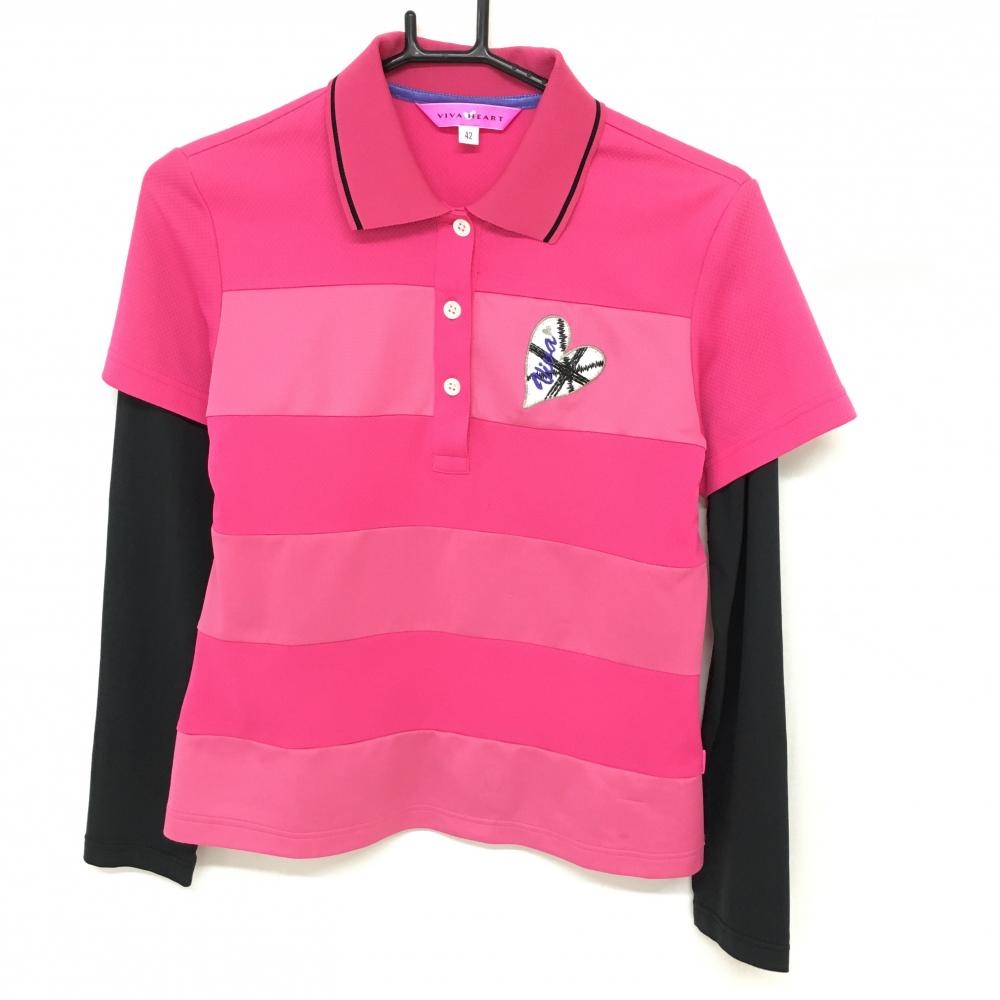 ビバハート 長袖ポロシャツ ピンク×黒 重ね着風 襟裏ロゴ レディース 42 ゴルフウェア VIVA HEART 画像