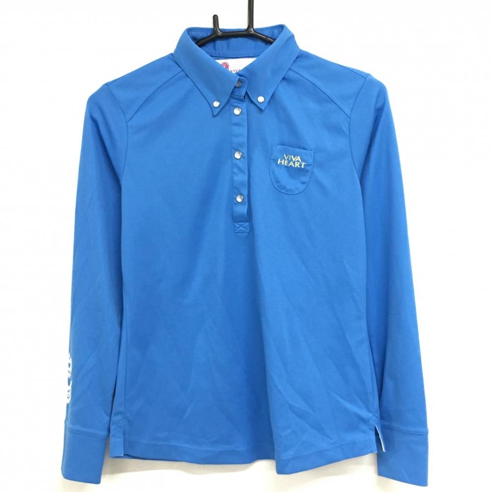 【美品】ビバハート 長袖ポロシャツ ブルー 胸ポケット スナップボタン レディース 40(M) ゴルフウェア VIVA HEART