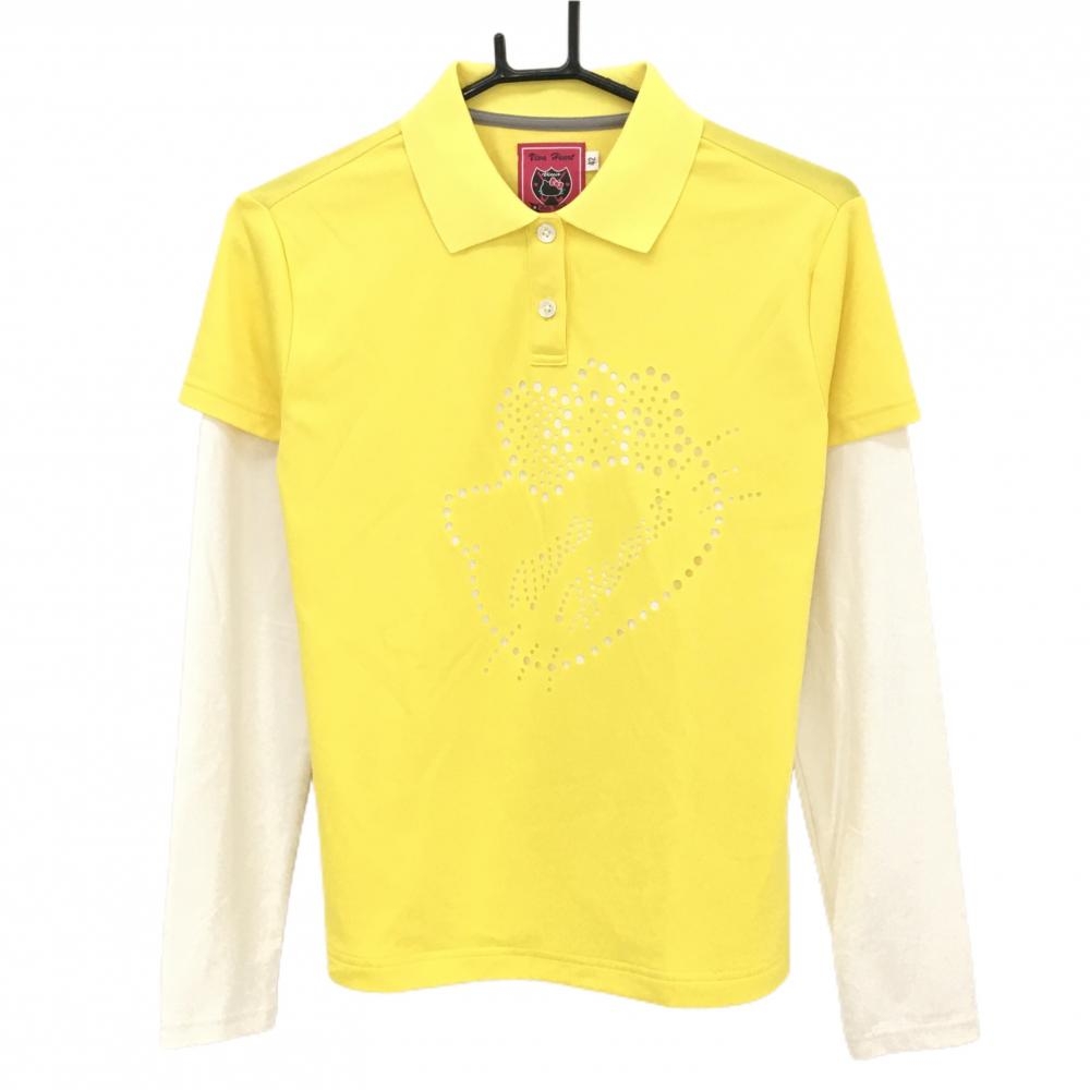 【超美品】ビバハート×ハローキティ 長袖ポロシャツ イエロー×白 重ね着風 レディース 42(L) ゴルフウェア VIVA HEART
