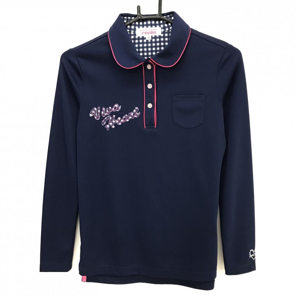 【超美品】ビバハートreplie 長袖ポロシャツ ネイビー×ピンク 襟裏チェック ロゴ 襟縁ライン レディース 40(M) ゴルフウェア VIVA HEART