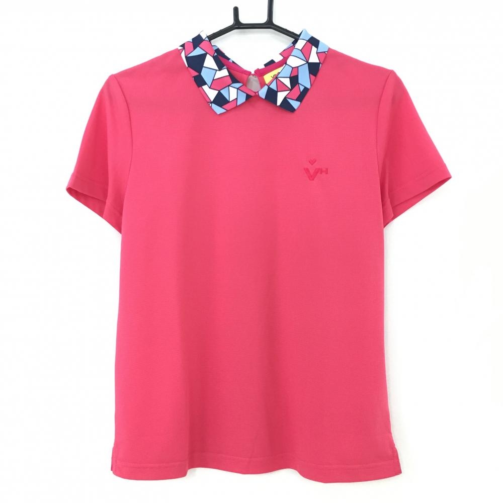 【超美品】ビバハート 襟付き半袖シャツ ピンク×ネイビー 襟総柄 レディース 42(L) ゴルフウェア VIVA HEART