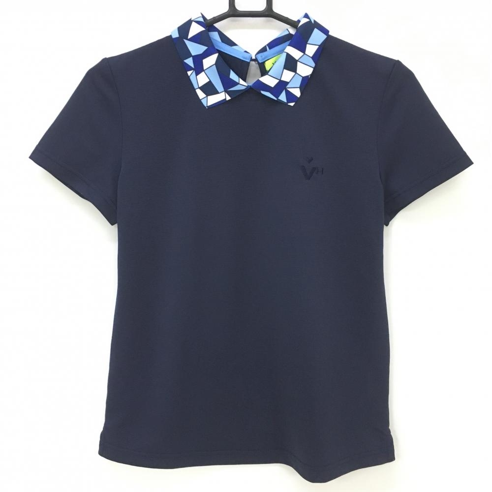 【超美品】ビバハート 襟付き半袖シャツ ネイビー×ブルー 襟総柄  レディース 40(M) ゴルフウェア VIVA HEART