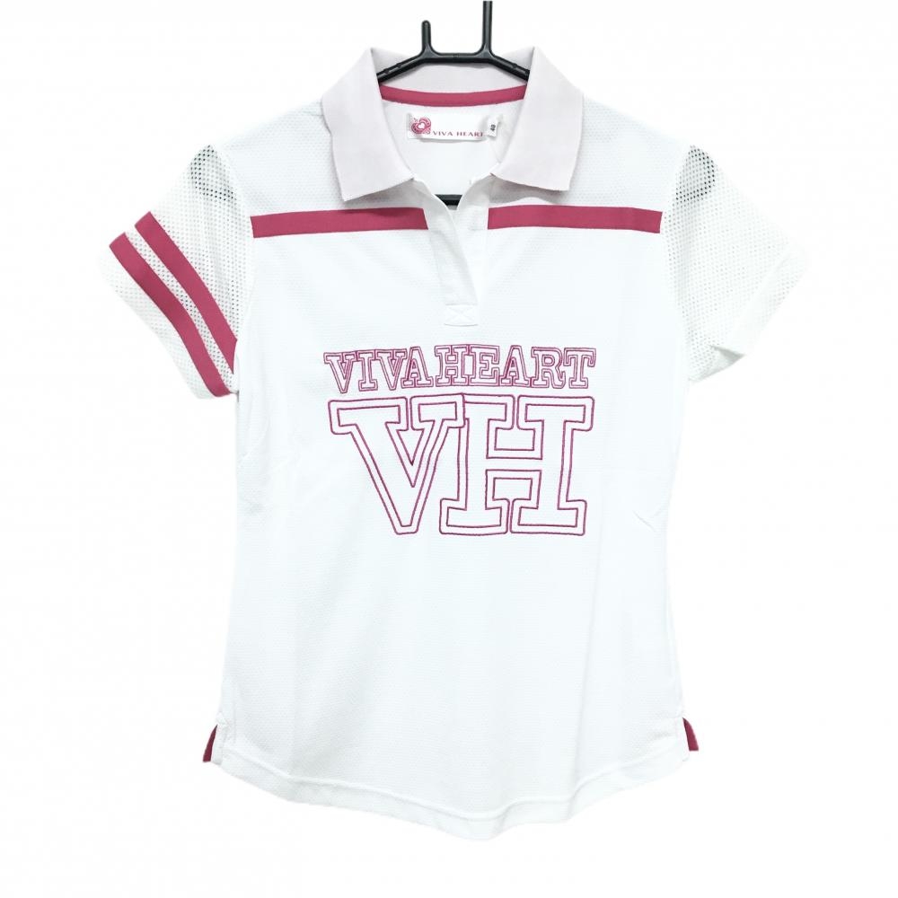 【新品】ビバハート 半袖シャツ 白×ピンク ロゴ刺しゅう 袖メッシュ 地模様 スキッパー レディース 40(M) ゴルフウェア VIVA HEART