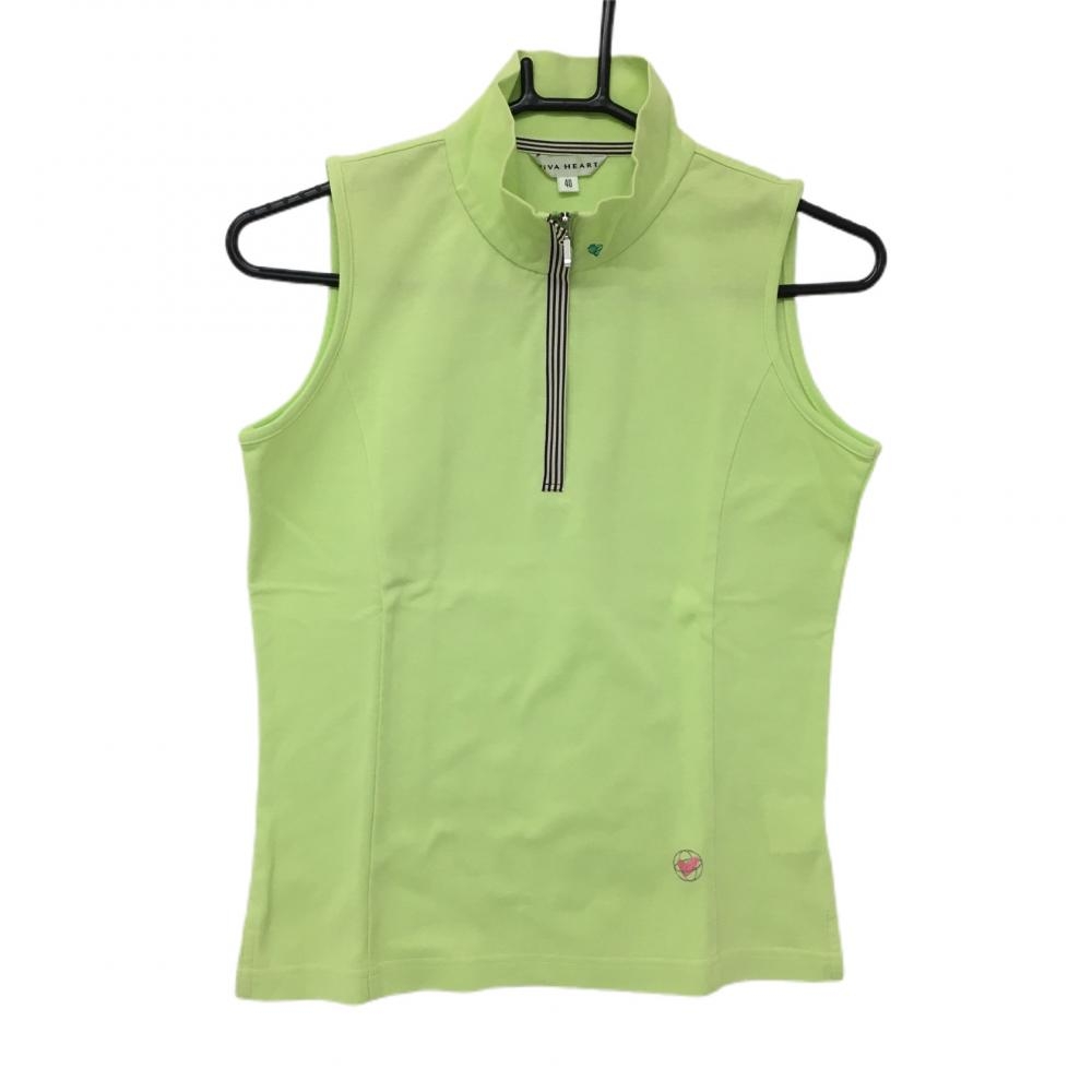 【超美品】ビバハート ノースリーブハイネックシャツ ライトグリーン ハーフジップ ロゴ刺しゅう レディース 40 ゴルフウェア VIVA HEART