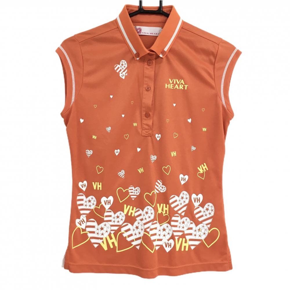 ビバハート ノースリーブポロシャツ オレンジ×白 ハート柄  レディース 40(M) ゴルフウェア VIVA HEART