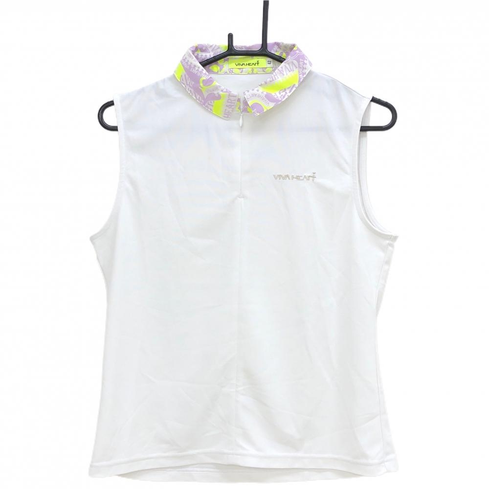 【超美品】ビバハート ノースリーブポロシャツ 白×ライトパープル ハーフジップ 襟総柄 レディース 42(L) ゴルフウェア VIVA HEART
