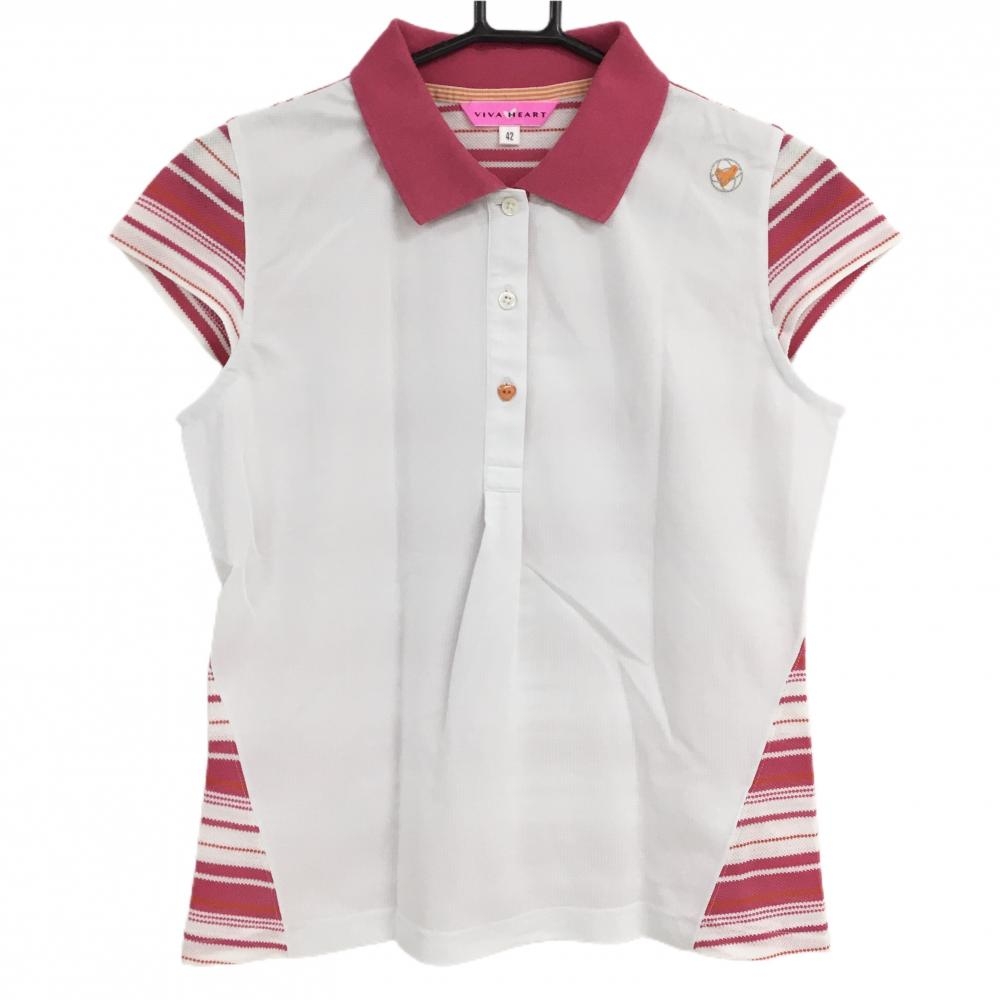 【美品】ビバハート ノースリーブポロシャツ 白×ピンク 背面ボーダー レディース 42(L) ゴルフウェア VIVA HEART