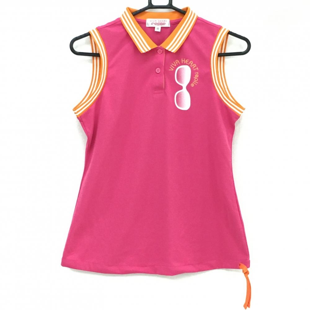 【美品】ビバハート ノースリーブポロシャツ ピンク×オレンジ メガネプリント レディース 40(M) ゴルフウェア VIVA HEART