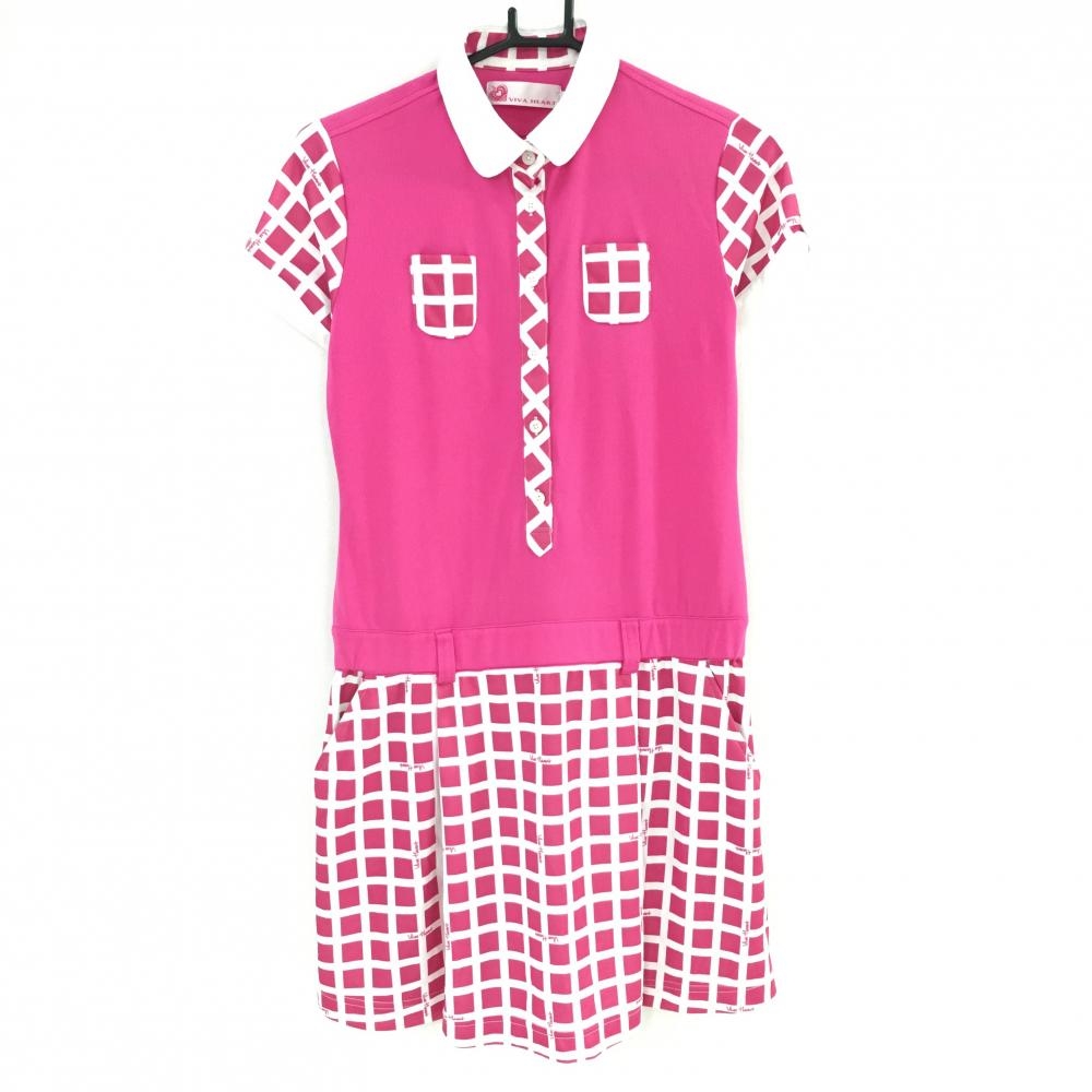 ビバハート 半袖ポロワンピース ピンク×白 チェック ウエストゴム  レディース 40 ゴルフウェア VIVA HEART
