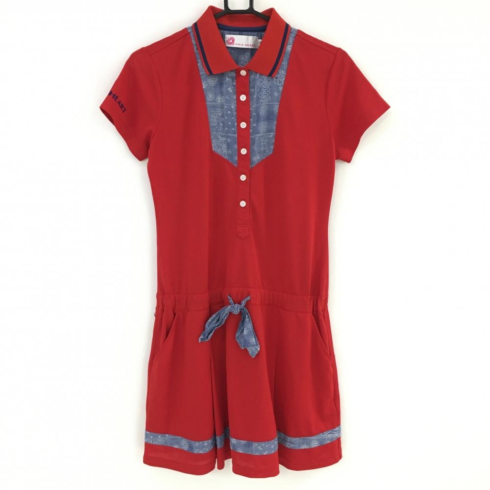 【超美品】ビバハート 半袖ポロワンピース レッド×ネイビー ウエストゴム 異素材  レディース 40 ゴルフウェア VIVA HEART