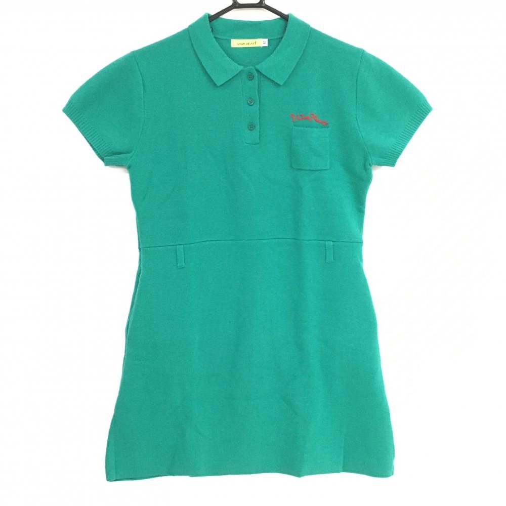 【超美品】ビバハート 半袖ポロワンピース グリーン ニット 胸ポケット レディース 42(L) ゴルフウェア VIVA HEART