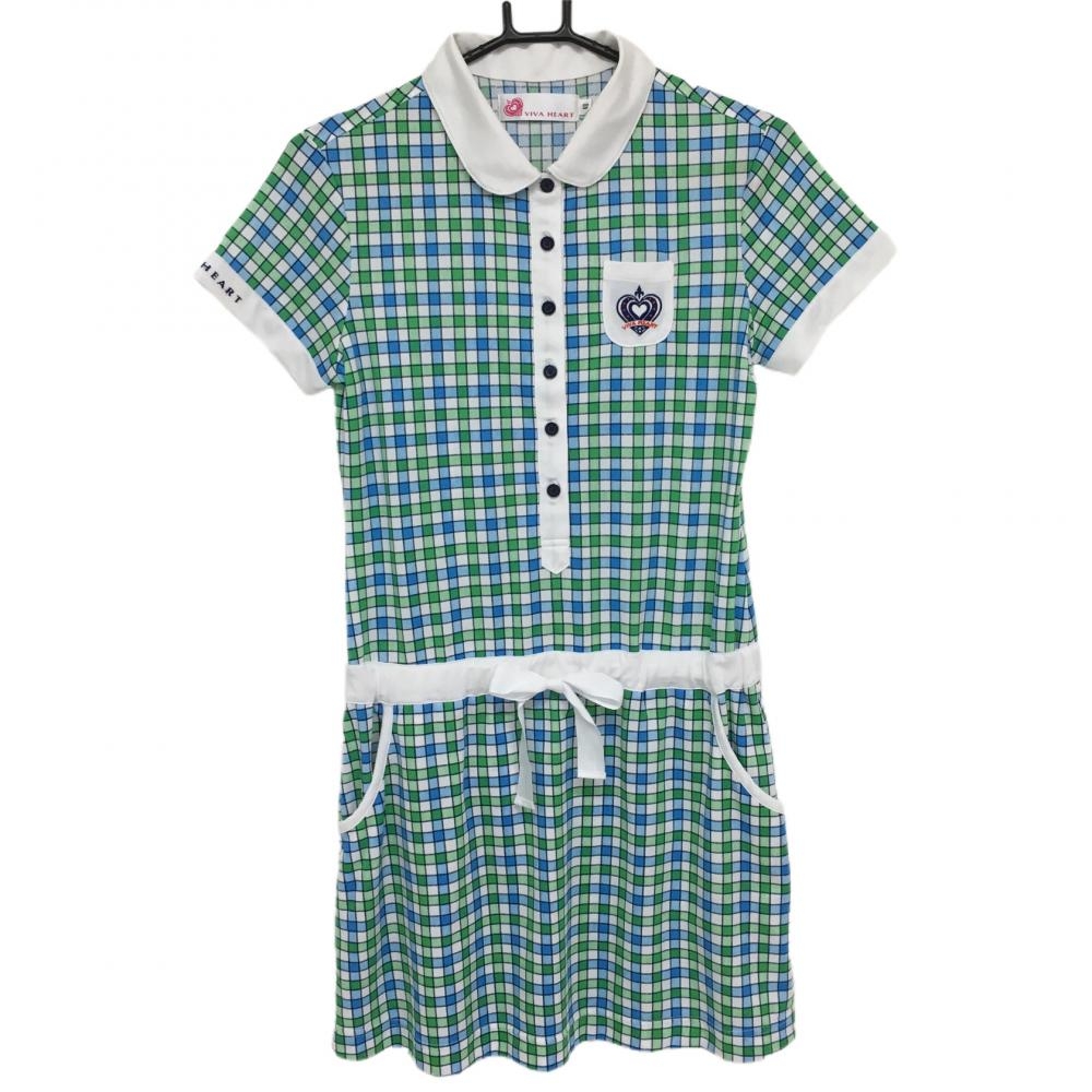 ビバハート 半袖ポロワンピース 白×グリーン チェック 胸ポケット ウエストリボン  レディース 40(M) ゴルフウェア VIVA HEART