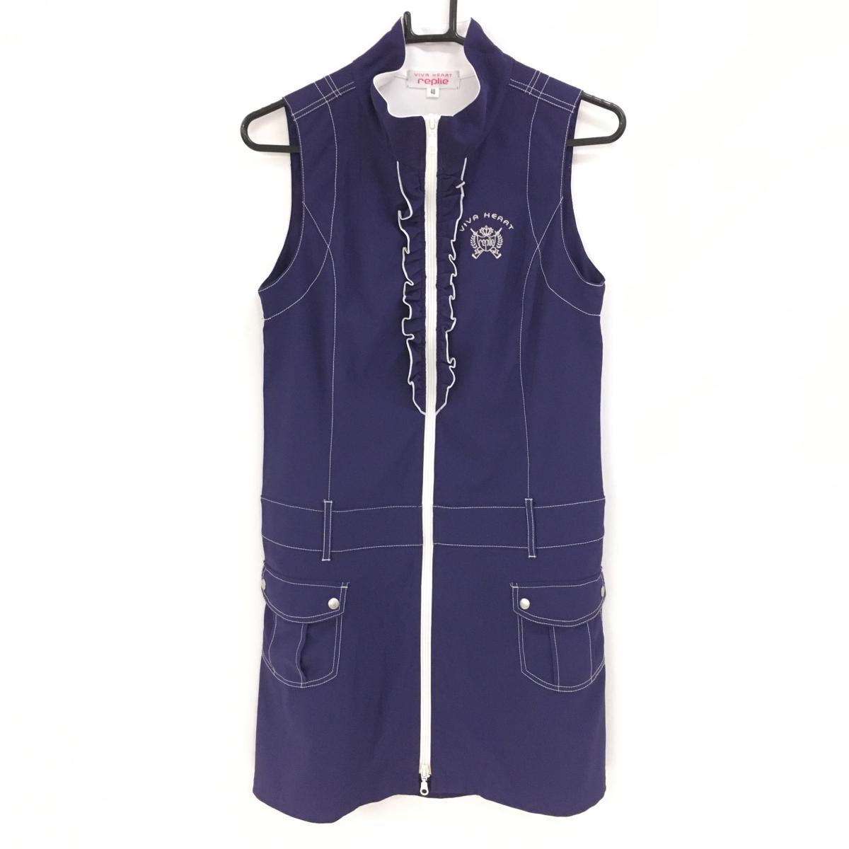 【美品】ビバハート レプリエ ノースリーブワンピース パープル×白 フリル ハイネック レディース 40(M) ゴルフウェア VIVA HEART