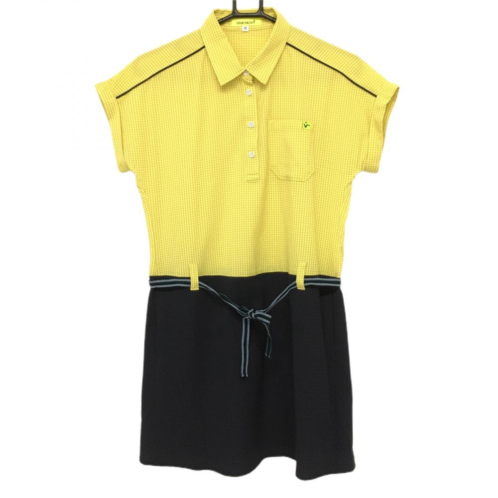 【超美品】ビバハート 半袖ポロワンピース イエロー×ネイビー チェック柄 胸ポケット  レディース 38(S) ゴルフウェア VIVA HEART