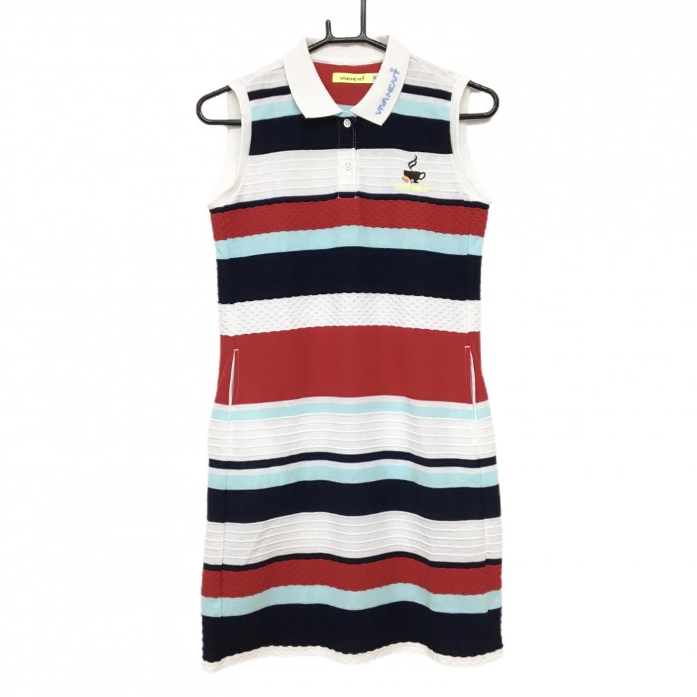 【美品】ビバハート ノースリーブワンピース 白×レッド×ネイビー ボーダー 織生地  レディース 38(S) ゴルフウェア VIVA HEART