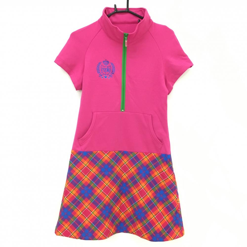 【超美品】ビバハートreplie 半袖ハイネックワンピース ピンク×マルチカラー レディース 40(M) ゴルフウェア VIVA HEART