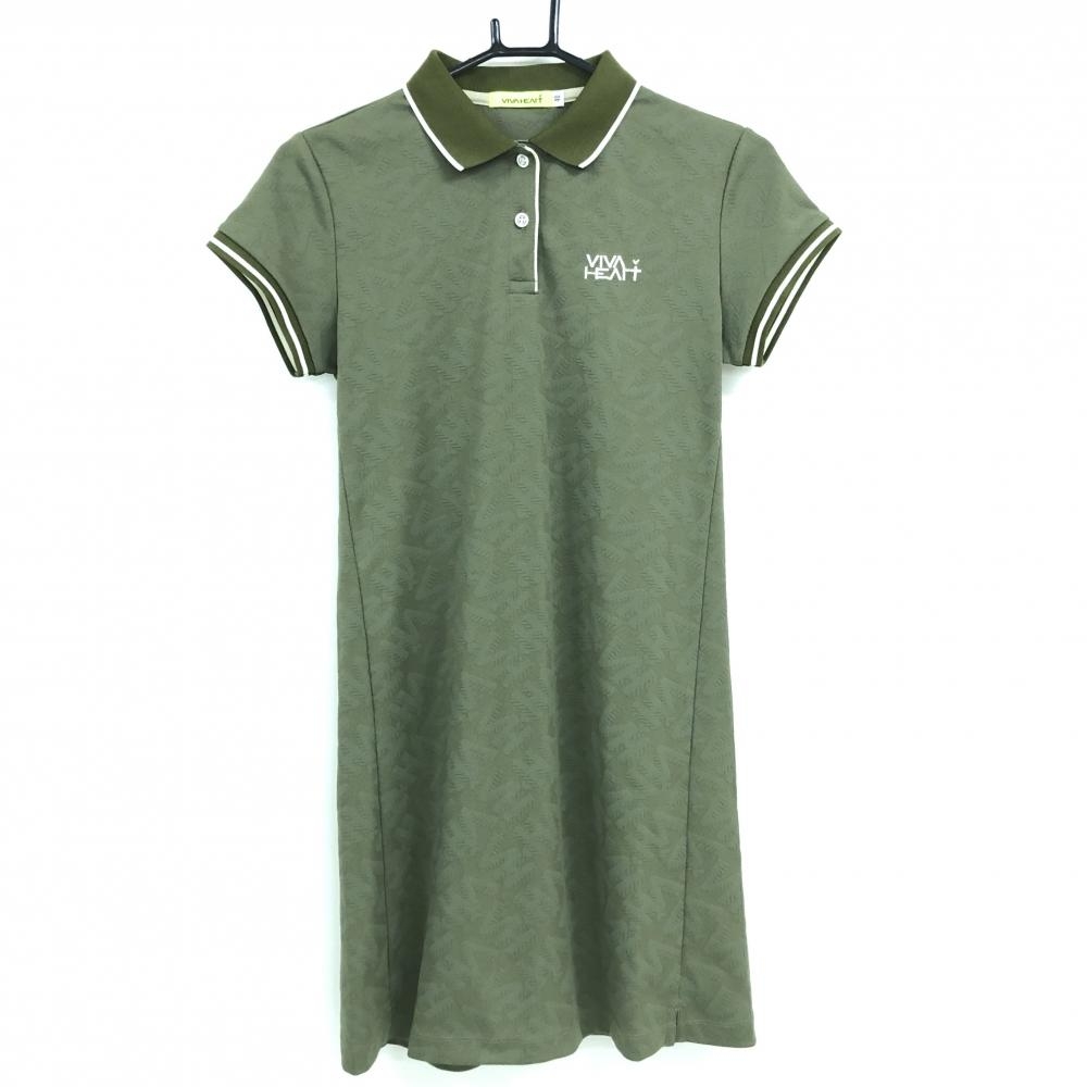 【超美品】ビバハート 半袖ポロワンピース カーキ ロゴ総柄地模様 襟・袖口ライン レディース 40(M) ゴルフウェア VIVA HEART