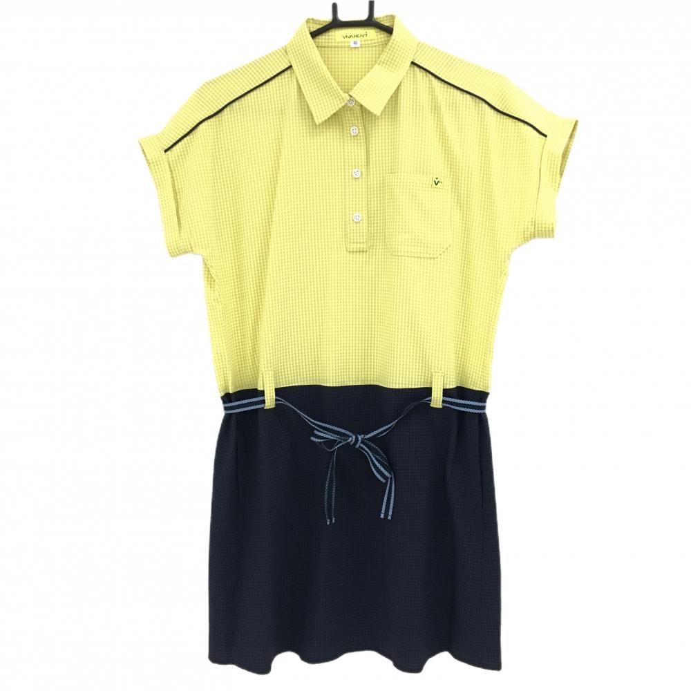 【超美品】ビバハート 半袖ポロワンピース イエロー系×ネイビー チェック柄 胸ポケット レディース 40(M) ゴルフウェア VIVA HEART