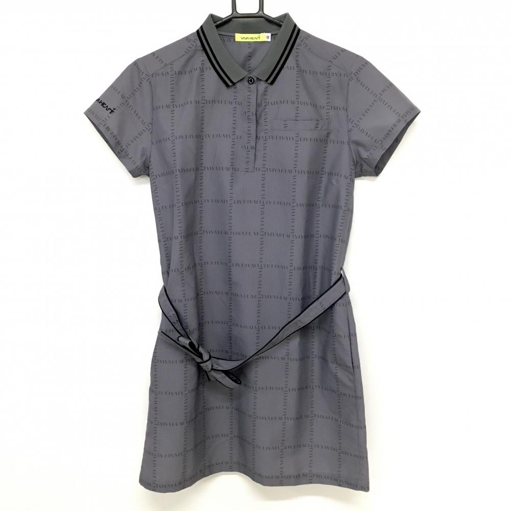 【超美品】ビバハート 半袖ポロワンピース グレー×黒 ロゴ総柄 ウエストリボン付 レディース 40(M) ゴルフウェア VIVA HEART