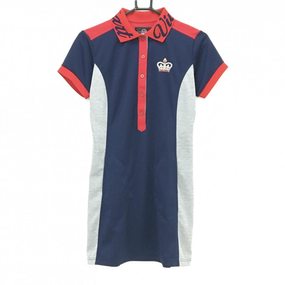 【美品】ビバハート 半袖ポロワンピース ネイビー×杢グレー×レッド 襟ロゴ  レディース 40(M) ゴルフウェア VIVA HEART