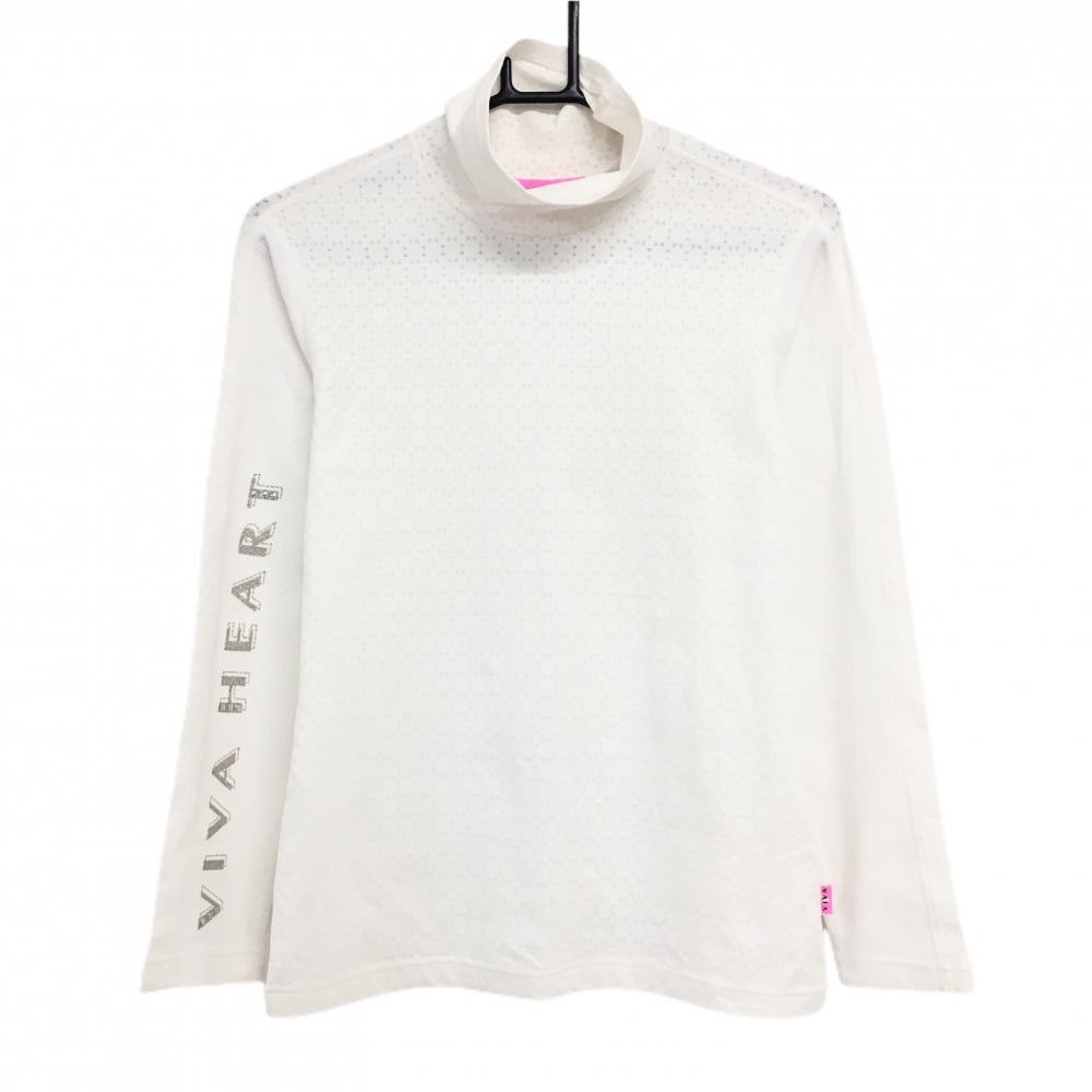 【超美品】ビバハート ハイネックインナーシャツ 白 メッシュ調 透け感 袖ロゴ スタッズ レディース 40(M) ゴルフウェア VIVA HEART