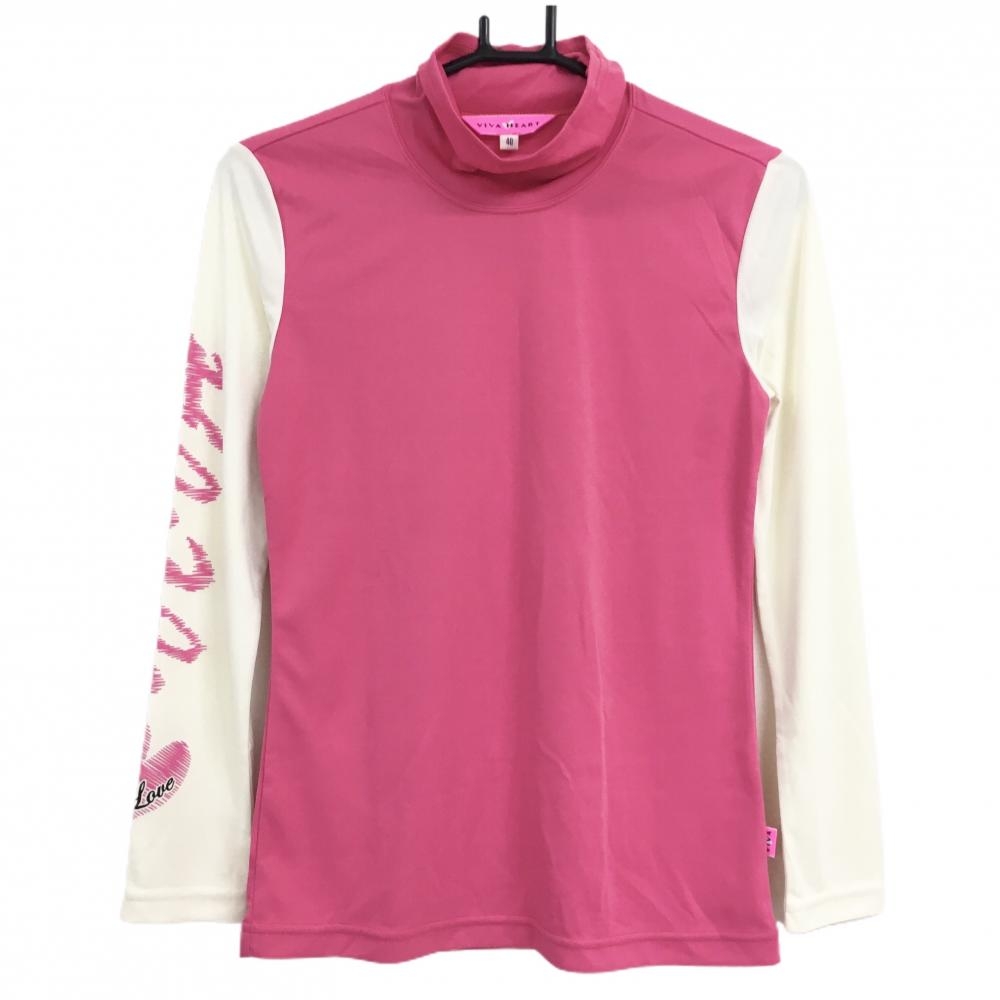 【超美品】ビバハート ハイネックインナーシャツ ピンク×白 袖ロゴ レディース 40(M) ゴルフウェア VIVA HEART