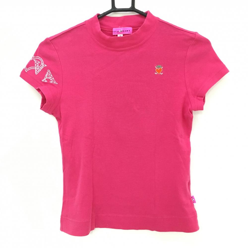 【美品】ビバハート 半袖ハイネックシャツ ピンク ラインストーン ハート レディース 40 ゴルフウェア VIVA HEART 画像