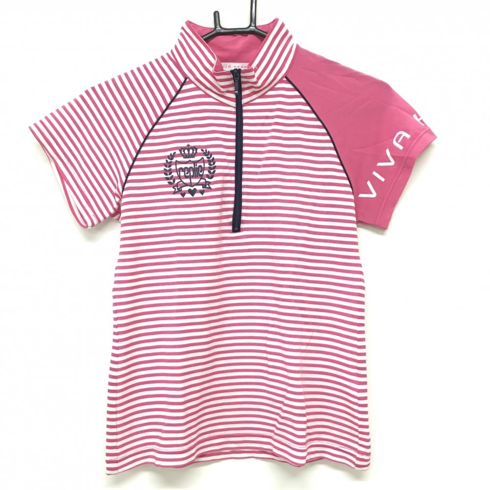 【超美品】ビバハート 半袖ハイネックシャツ ピンク×白 ハーフジップ  レディース 40(M) ゴルフウェア VIVA HEART