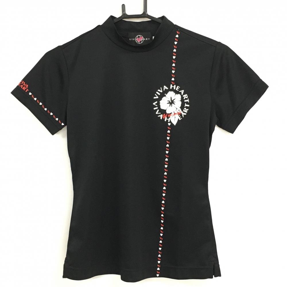 【美品】ビバハート 半袖ハイネックシャツ 黒×白 ハイビスカスプリント  レディース 40(M) ゴルフウェア VIVA HEART