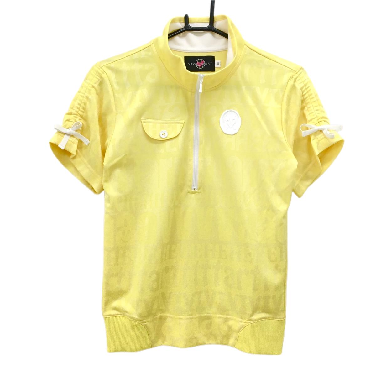 【美品】ビバハート 半袖ハイネックシャツ イエロー 地模様 ハーフジップ 袖シャーリング レディース 40(M) ゴルフウェア VIVA HEART