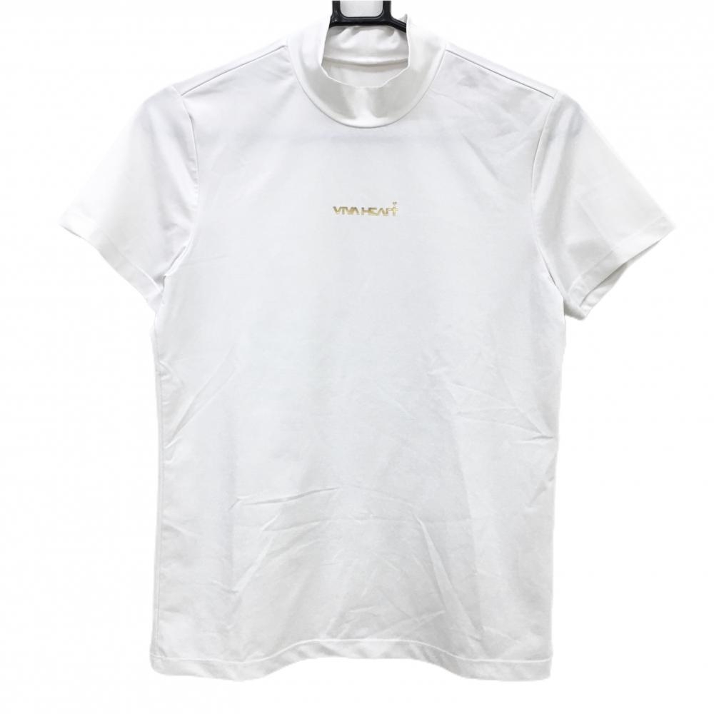 【超美品】ビバハート 半袖ハイネックシャツ 白 ロゴプリント ストレッチ レディース 40(M) ゴルフウェア VIVA HEART