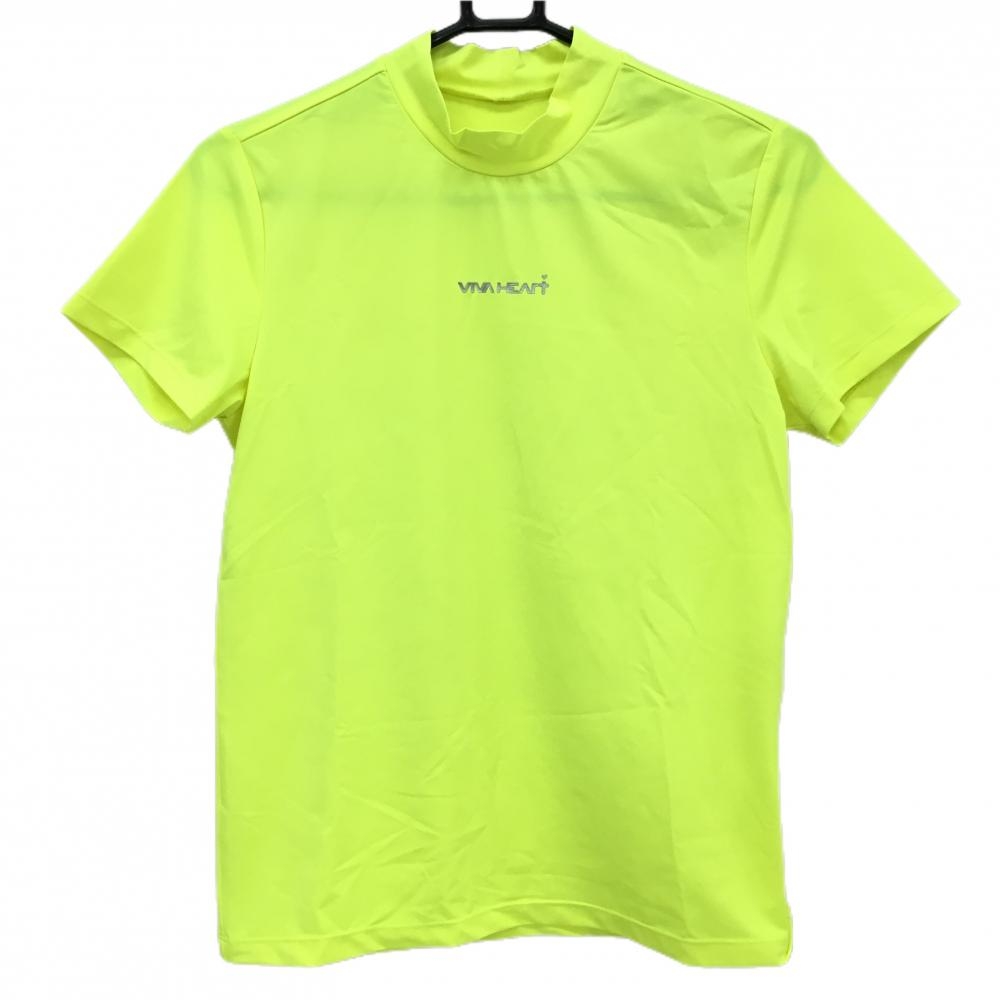 【美品】ビバハート 半袖ハイネックシャツ 蛍光イエロー ロゴプリント ストレッチ レディース 40(M) ゴルフウェア VIVA HEART