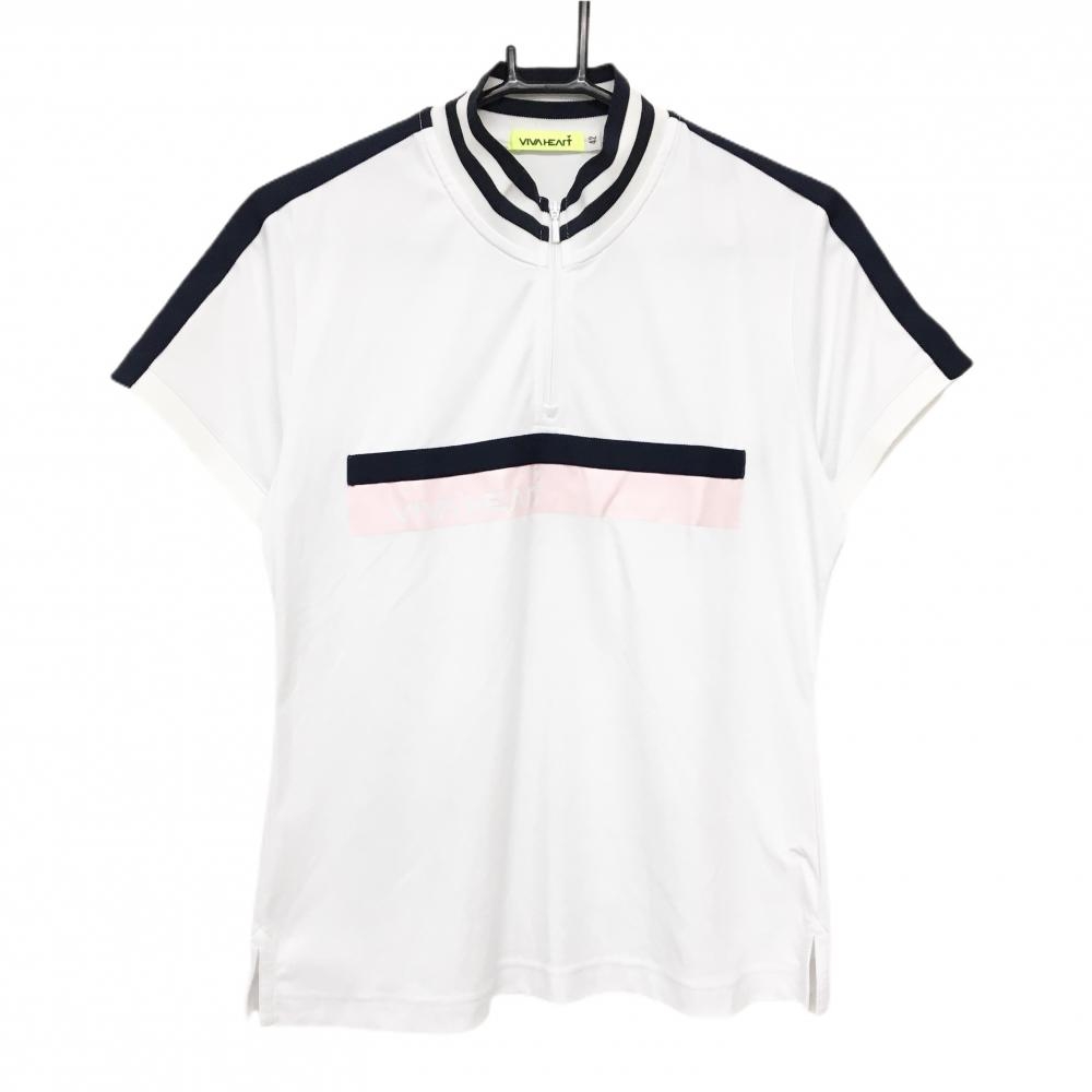 【超美品】ビバハート 半袖ハイネックシャツ 白×ネイビー ネックボーダー フロントロゴピンク レディース 42(L) ゴルフウェア VIVA HEART