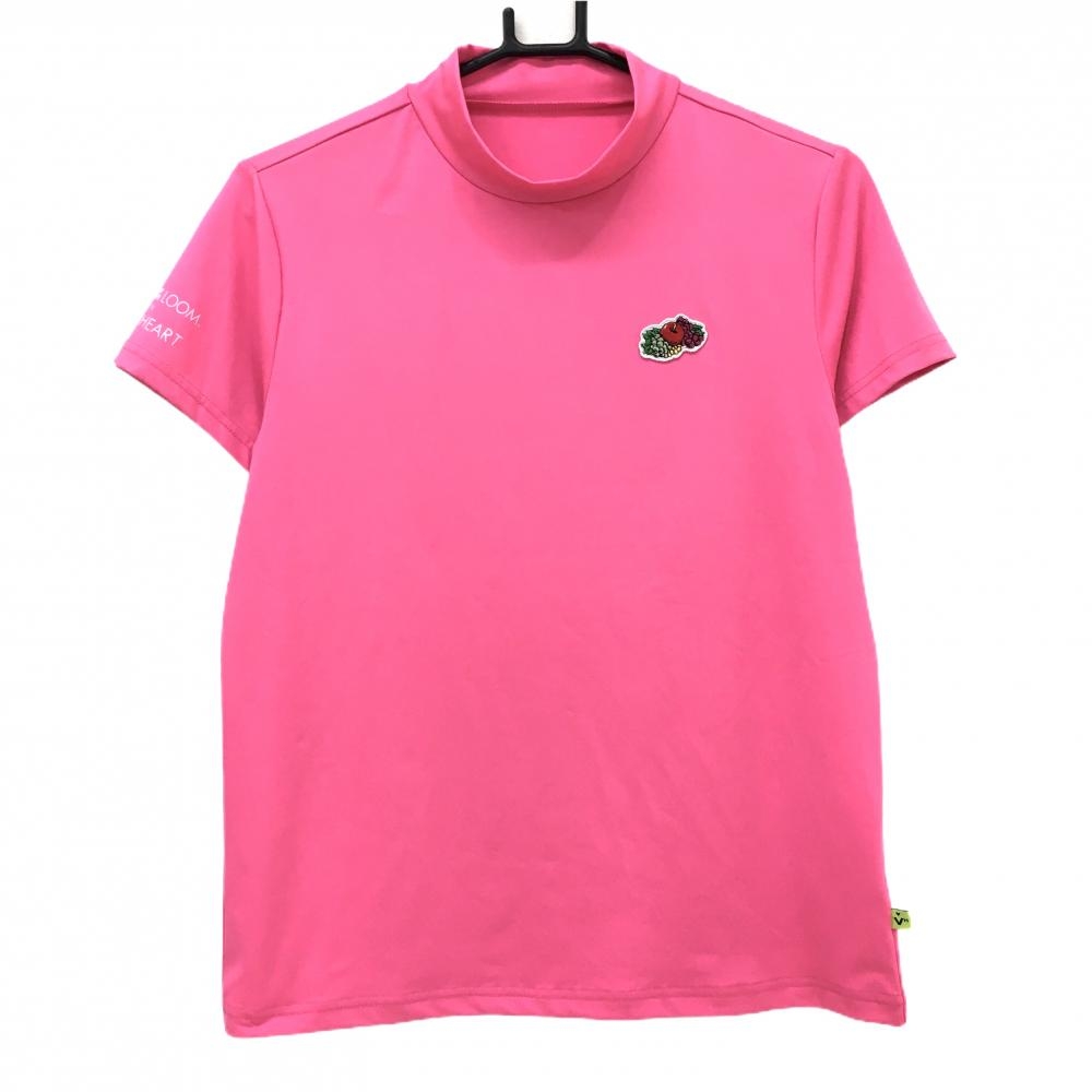 【超美品】ビバハート×FRUITOFTHELOOM 半袖ハイネックシャツ ピンク フルーツワッペン レディース 42(L) ゴルフウェア VIVA HEART
