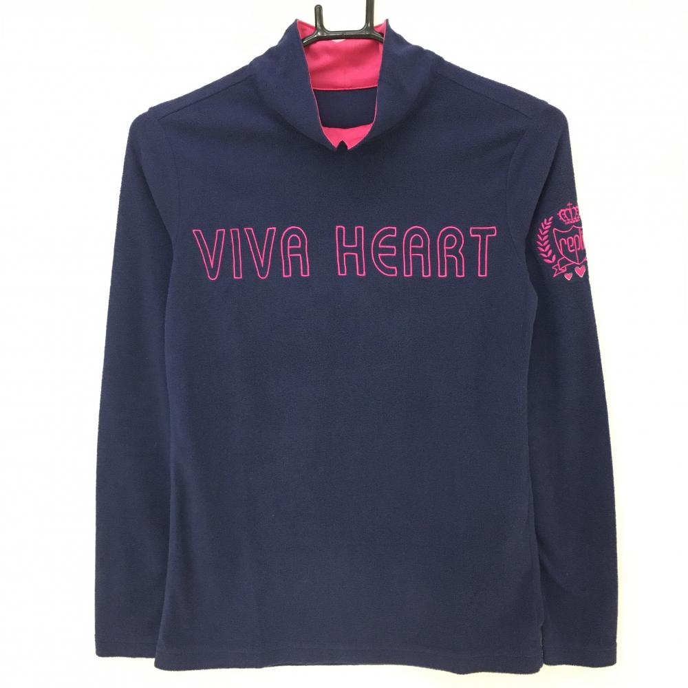 【美品】ビバハート 長袖ハイネックシャツ ネイビー×ピンク フリース生地 ロゴ刺しゅう  レディース 40(M) ゴルフウェア VIVA HEART