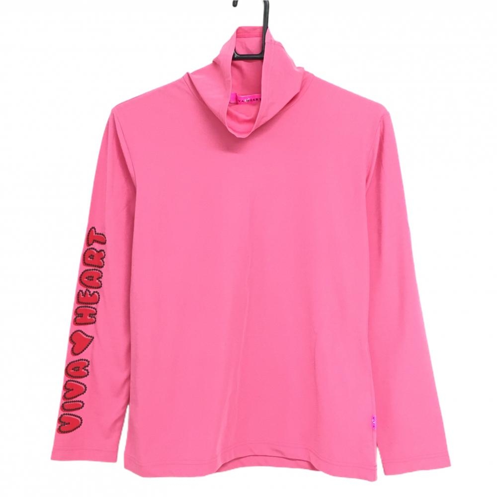 【超美品】ビバハート 長袖ハイネックシャツ ピンク袖ロゴ立体 レディース 42(L) ゴルフウェア VIVA HEART