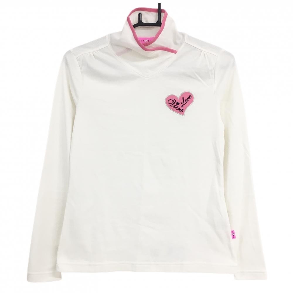 【超美品】ビバハート 長袖ハイネックシャツ 白×ピンク ハート 織生地 レディース 40(M) ゴルフウェア VIVA HEART